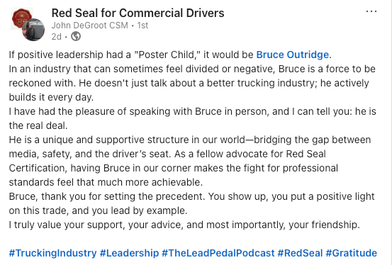 Testimonial about Host Bruce Outridge of Lead Pedal Media from Industry Colleague